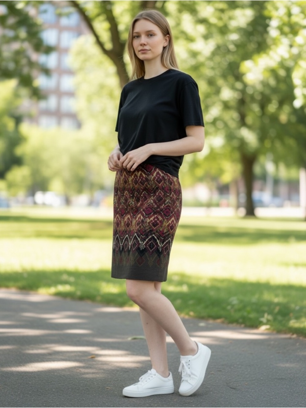 J JILL - PATTERNED STRETCH-KNIT GEOMETRIC/ABSTRACT STRAIGHT SKIRT Sz S